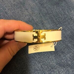 Tory Burch Gold and White Kira Wide Enamel Bracelet